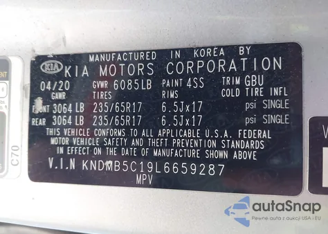 2020 Kia Sedona Lx z USA, uszkodzony, nr VIN KNDMB5C19L6659287